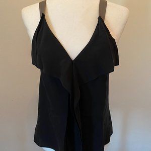Tea & Honey 100% Silk Black V-Neck Tank Top w. Ruffle Front, Women's Size S